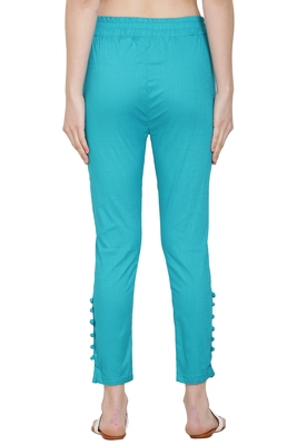 Turquoise Color Slub Cotton Stretchable potli Button Pant - ASMAANI - 3208173