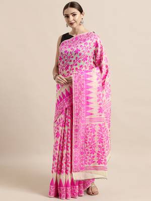 Cream Woven Cotton Poly Saree With Blouse 1