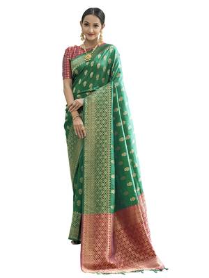 Turquoise Woven Poly Silk Saree With Blouse 1