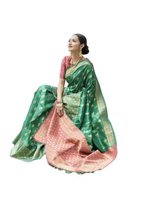 Turquoise Woven Poly Silk Saree With Blouse 2