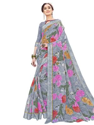 Grey printed cotton saree with blouse 1