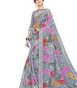 Grey printed cotton saree with blouse