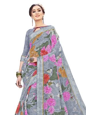 Grey printed cotton saree with blouse 2
