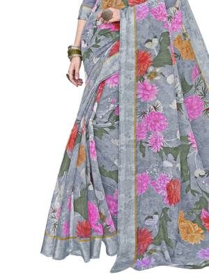 Grey printed cotton saree with blouse 3