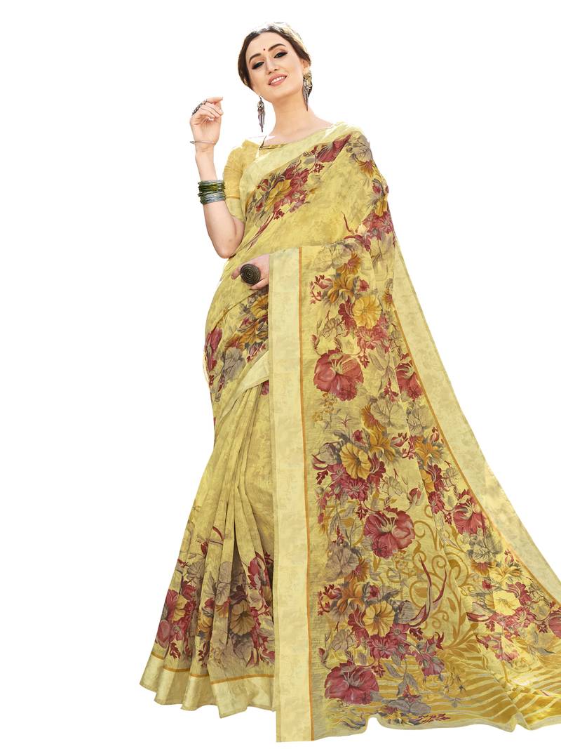Canary Yellow Tree Print Refined KotaDoria Dye Block Printed Cotton Saree With Blouse