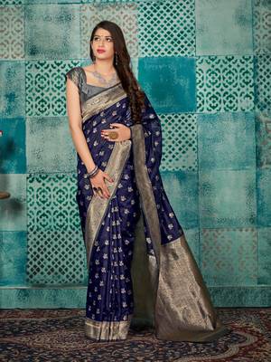 Navy blue woven banarasi silk saree with blouse 1