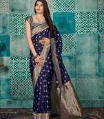 Navy blue woven banarasi silk saree with blouse