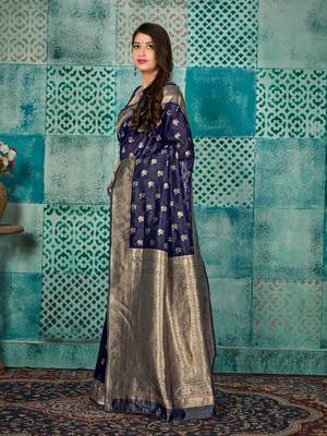 Navy blue woven banarasi silk saree with blouse 2