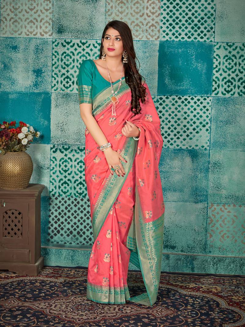 Peach woven banarasi silk saree with blouse