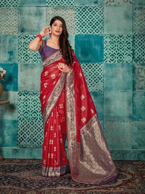 Red woven banarasi silk saree with blouse 1