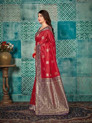 Red woven banarasi silk saree with blouse 2