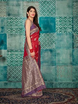 Red woven banarasi silk saree with blouse 3
