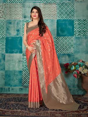 Peach woven banarasi silk saree with blouse 1