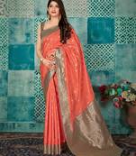 Peach woven banarasi silk saree with blouse