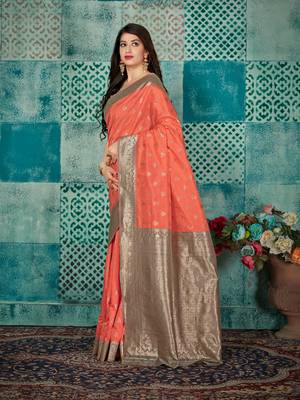 Peach woven banarasi silk saree with blouse 2