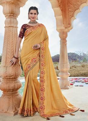 Light mustard embroidered silk saree with blouse 1