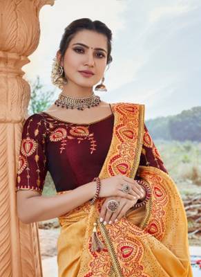 Light mustard embroidered silk saree with blouse 2