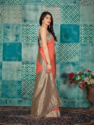 Peach woven banarasi silk saree with blouse 3
