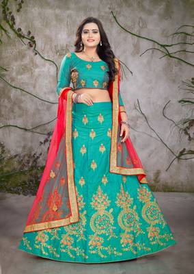 Turquoise embroidered silk semi stitched lehenga 1