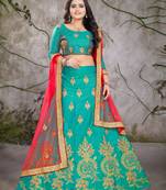 Turquoise embroidered silk semi stitched lehenga