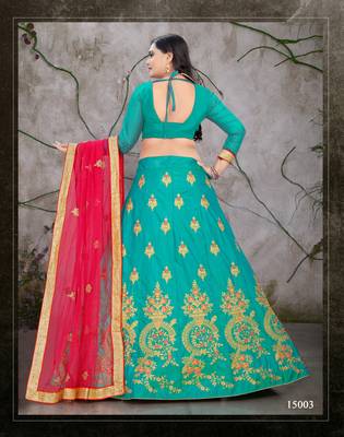 Turquoise embroidered silk semi stitched lehenga 2