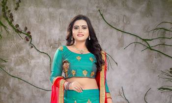 Turquoise embroidered silk semi stitched lehenga 3