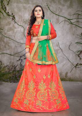 Orange embroidered silk semi stitched lehenga 1