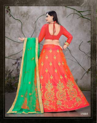 Orange embroidered silk semi stitched lehenga 2