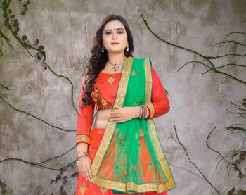 Orange embroidered silk semi stitched lehenga 3