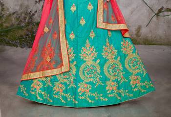 Turquoise embroidered silk semi stitched lehenga 4