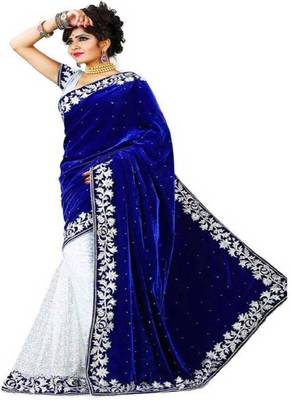 Blue Brasso Velvet Saree With Blouse 1