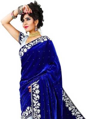 Blue Brasso Velvet Saree With Blouse 2