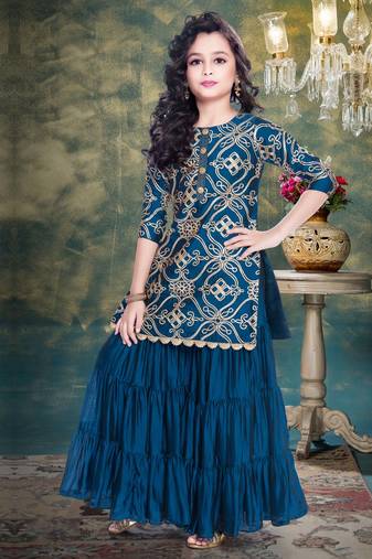 Rama Blue Ribbion Embroidery Heavy Chinon Sharara Style ReadyMade Salwar Suit For Gir;s