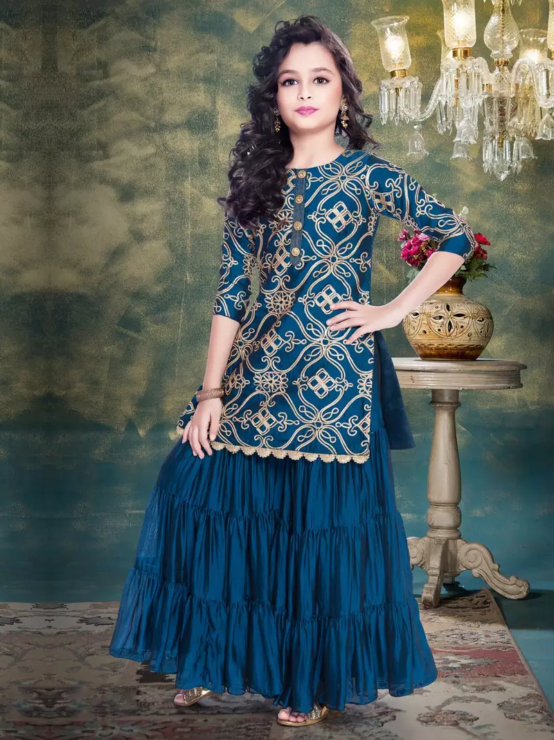 Rama Blue Ribbion Embroidery Heavy Chinon Sharara Style ReadyMade Salwar Suit For Gir;s