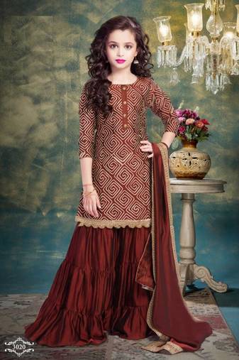 Maroon Ribbion Embroidery Heavy Chinon Sharara Style ReadyMade Salwar Suit For Gir;s