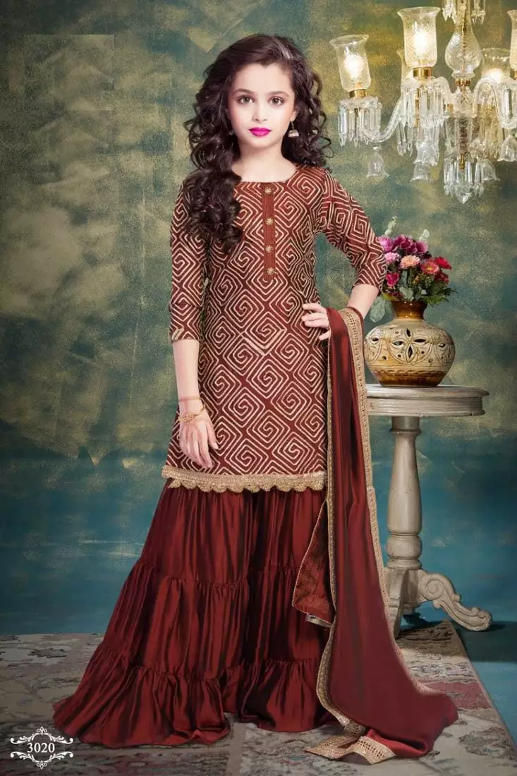 Maroon Ribbion Embroidery Heavy Chinon Sharara Style ReadyMade Salwar Suit For Gir;s