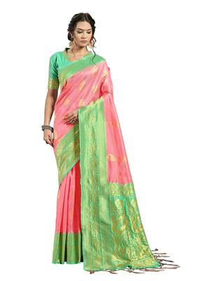 Pink woven tussar silk saree with blouse 1