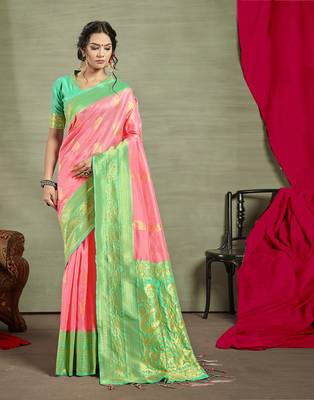 Pink woven tussar silk saree with blouse 2