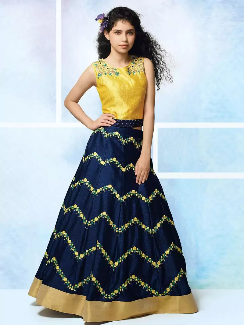 MustardY Yellow Zorba Silk Embroidery Wedding Wear Lehenga Choli For Girls