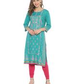 Sea-green printed viscose ethnic-kurtis