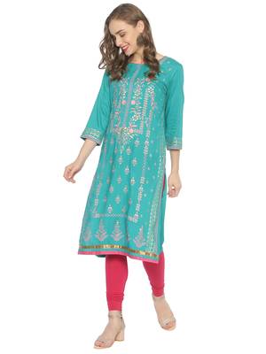 Sea-green printed viscose ethnic-kurtis 4