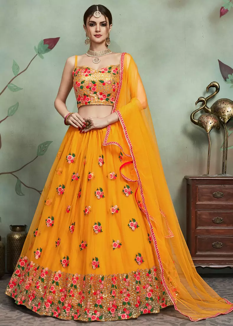 Yellow Embroidered Net Semi Stitched Lehenga
