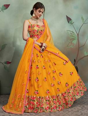 Mustard Yellow Net Sequin Thread Work Lehenga Choli  2