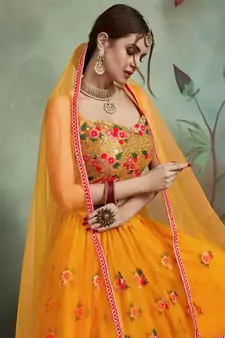 Mustard Yellow Net Sequin Thread Work Lehenga Choli 