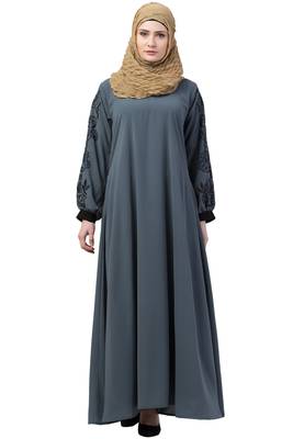 Grey A- Line Abaya Embroidery Work At Sleeve 1