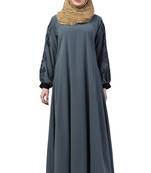 Grey A- Line Abaya Embroidery Work At Sleeve