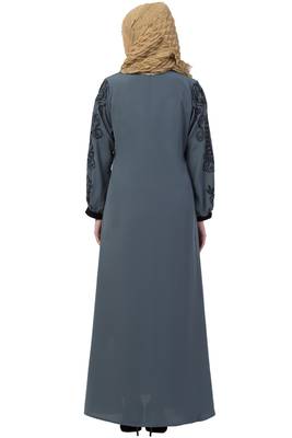 Grey A- Line Abaya Embroidery Work At Sleeve 2