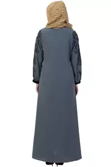 Grey A- Line Abaya Embroidery Work At Sleeve
