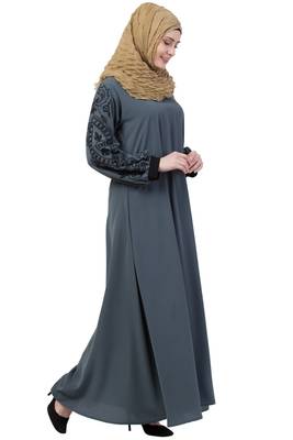 Grey A- Line Abaya Embroidery Work At Sleeve 4
