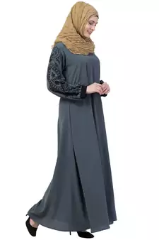 Grey A- Line Abaya Embroidery Work At Sleeve